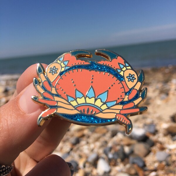 PEACHish Glitter Crab hard enamel lapel pin badge. The first chance to get your hands on a 'salty sea series' cancer crab, mermaids friend