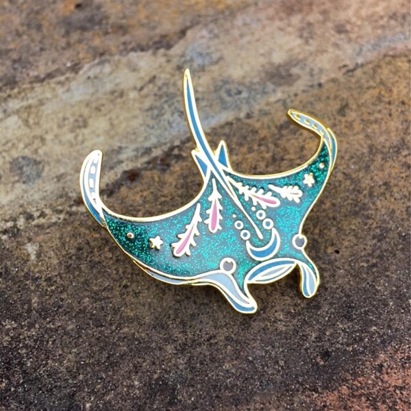 PEACHish manta ray hard enamel lapel pin flair. Salty Sea Series mermaid pin