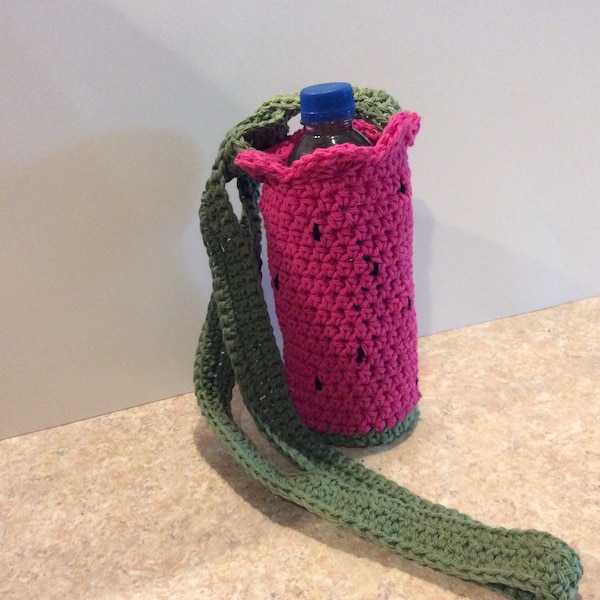 Crochet bottle holder, watermelon bottle cozy