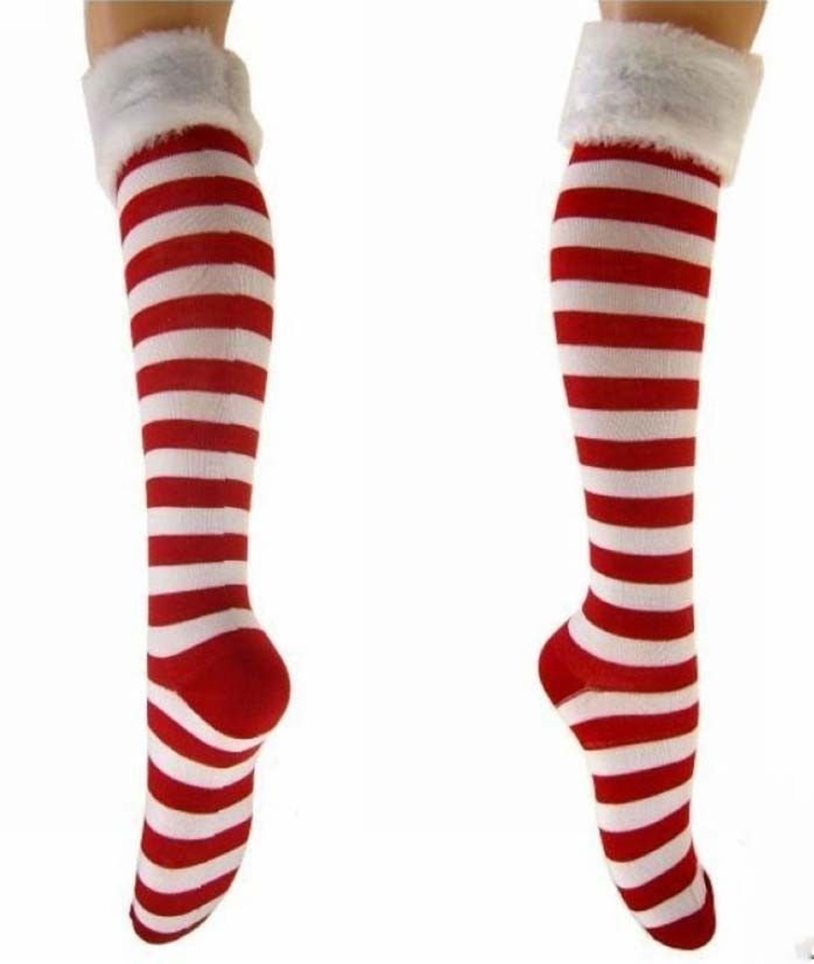 Red & White Striped Socks w/Fur Trim Christmas Socks Elf Socks | Etsy