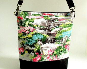 Hall Springs - 1940s Vintage Barkcloth Fabric and Cork Zip Top Crossbody Shoulder Purse