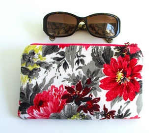 Halcyon - 1950s Vintage Barkcloth Fabric Zip Top Soft Sunglasses Case, Purse Organizer