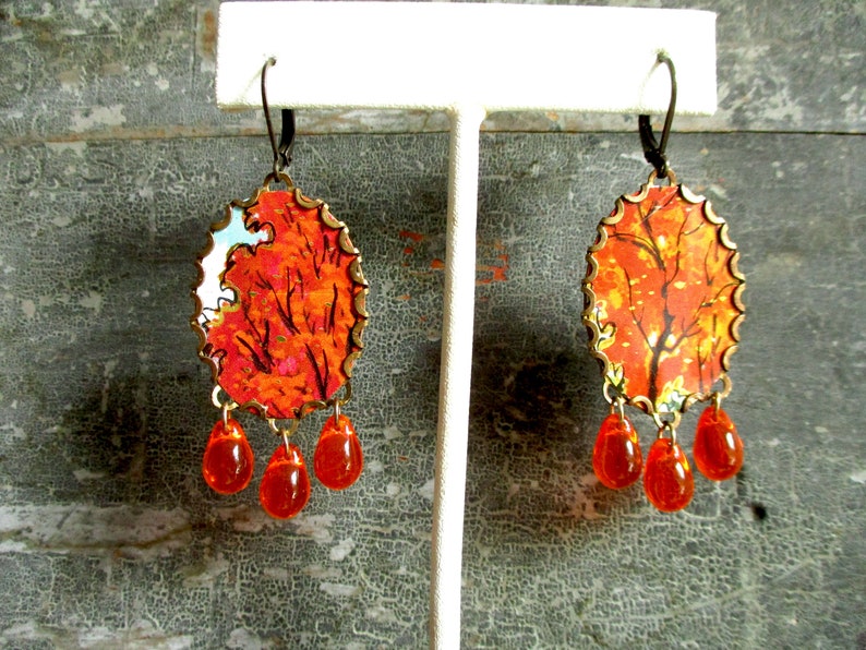 Sugar Maple Vintage Tin Autumn Trees with Czech Glass Drops Earrings