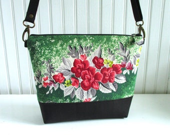 Border Garden - 1940s Vintage Barkcloth and Cork Fabric Zip Top Crossbody Shoulder Bag