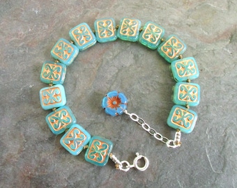 Aqua Pavers - Hand Knotted Czech Glass Beads and Sterling Silver Bracelet