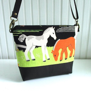 Horseplay 1940s Vintage Barkcloth and Cork Fabric Zip Top Crossbody Shoulder Bag image 1