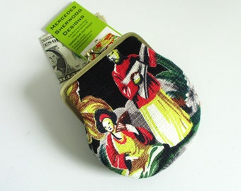 House Band - 1940s Vintage Barkcloth Fabric 4" Antique Brass Kisslock Frame Coin Purse