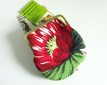 Red Lotus - 1940s Vintage Barkcloth Fabric 4" Antique Brass Kisslock Frame Coin Purse
