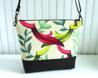 Garlands - Vintage Barkcloth and Cork Fabric Zip Top Crossbody Shoulder Bag