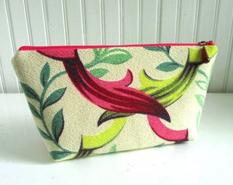 Garlands - 1940s Vintage Barkcloth Fabric Zip Top Makeup Bag, Purse Organizer