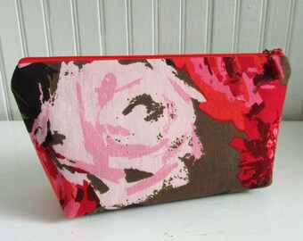 Autumn Rose - 1960s Vintage Broadcloth Fabric Zip Top Makeup Bag, Purse Organizer