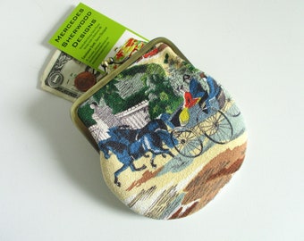 Mississippi Bound - 1940s Vintage Barkcloth Fabric 4" Antique Brass Kisslock Frame Coin Purse