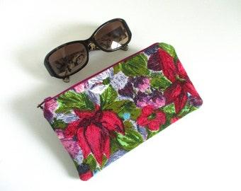 Fuchsia Blooms - 1960s Vintage Fabric Zip Top Soft Eyeglasses Bag - Purse Organizer