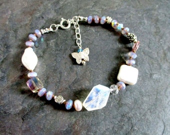 Blue Flash - Faceted Moonstone, Pearl, Tourmaline, Czech Glass Silver Hand Knotted Bracelet