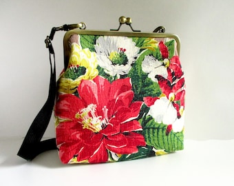 Cactus Flowers - 1940s Vintage Barkcloth Fabric 8" Antique Brass Kisslock Frame Crossbody Shoulder Bag