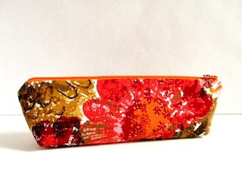 Saffron Blooms - 1960s Vintage Barkcloth Fabric Zip Top Pencil, Brush Case