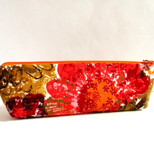 Saffron Blooms - 1960s Vintage Barkcloth Fabric Zip Top Pencil, Brush Case