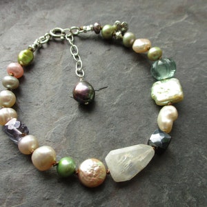 Pastel Gardens - Pearls, Faceted Moonstone, Fluorite, Hematite, Quartz, Thai Silver, Hand Knotted Bracelet