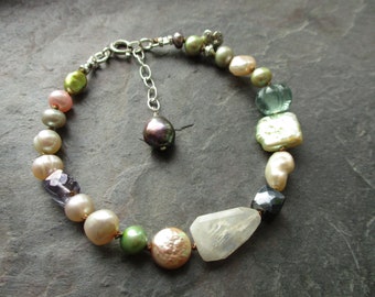 Pastel Gardens - Pearls, Faceted Moonstone, Fluorite, Hematite, Quartz, Thai Silver, Hand Knotted Bracelet