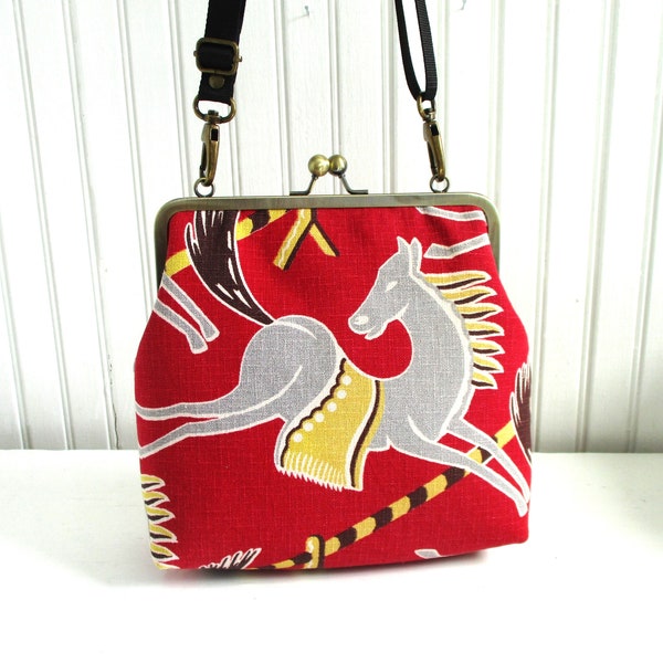 Finish Line - 1930s Vintage Barkcloth Fabric 8" Antique Brass Kisslock Frame Crossbody Shoulder Bag