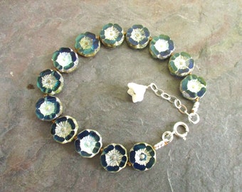 Window Flowers - Hand Knotted Czech Glass Blue Flower Beads Sterling Silver Bracelet