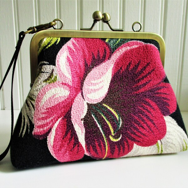 Tropical Pink Flower and Feather Vintage Barkcloth Mini 6" Kisslock Frame Wristlet, Crossbody Shoulder Clutch Bag Purse