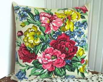 Sassy Bouquet - 1930s Vintage Barkcloth Fabric Pillow - 18x18 - Cover Only