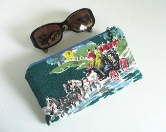 Hunt Valley - 1940s Vintage Barkcloth Fabric Zip Top Soft Eyeglasses Case - Purse Organizer