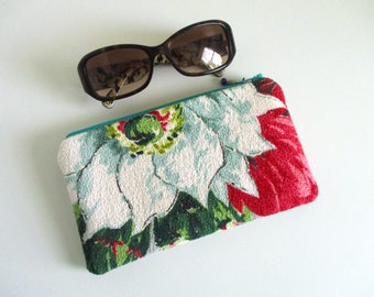 Desert Flower - 1940s Vintage Barkcloth Fabric Zip Top Soft Eyeglasses Case, Purse Organizer
