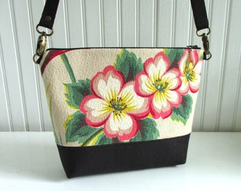 Dogwood Fronds - 1930s Vintage Barkcloth and Cork Fabric Zip Top Crossbody Shoulder Bag