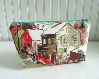 Bond Street Wharf - 1940s Vintage Broadcloth Fabric Zip Top Makeup Bag, Purse Organizer