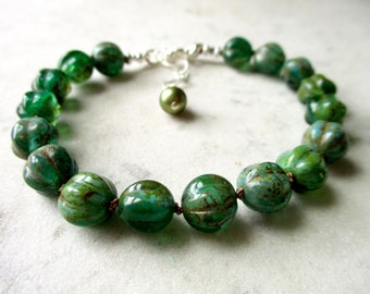 Rustic Melon - Carved Green Czech Glass and Sterling Silver Hand Knotted Bead Bracelet