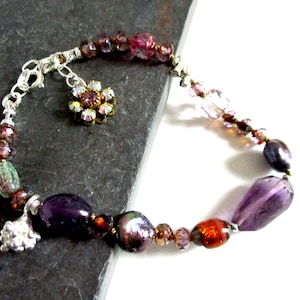 Passion Spark - Vintage Venetian Foil Glass, Faceted Amethyst, Czech Glass, Thai Silver, Pearl Hand Knotted Bracelet