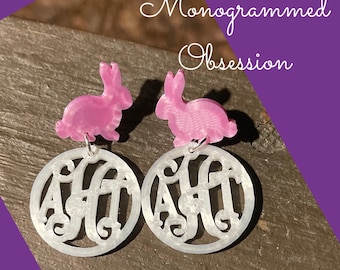 Easter Monogram Earring, Monogrammed Jewelry, Bunny Earrings, Monogram Earring, Easter Monogram earrings