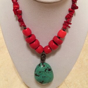 Red bamboo coral and Arizona turquoise adjustable cord necklace