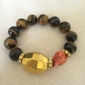 Tiger Eye Beaded bracelet with Coral and Bronze accents, and Swarovski Crystal pave sapcers