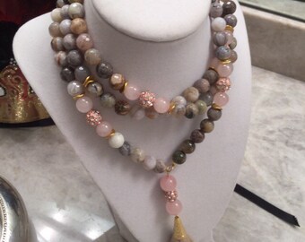 Bamboo agate and rose quartz beaded Y necklace with silk tussle, gold wave soacers and Swarovski crystal pace accent beads