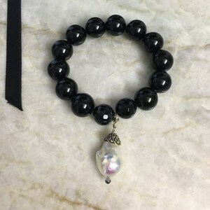 Black Onyx Beaded Bracelet with a Large Baroque Hanging Pearl
