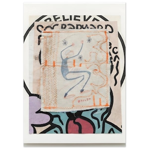 May include: Mixed media artwork featuring a figure in blue, stitched onto fabric, with orange thread accents. The artwork includes text and abstract shapes in black, pink, and blue, set against a white background.