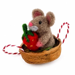 May include: A needle-felted brown mouse figurine holding a bright red strawberry with green leaves, nestled inside a brown walnut shell. The walnut shell features a decorative red and white twisted string handle attached to both sides.