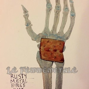 May include: A watercolor painting of a skeletal hand with a rusty metal hinge on the wrist. The hand is holding a brown and blue rectangle with the text "Le Femmemerale" written in black. The text "Rusty Metal Hinge Hand. (Right)" is written in black below the hand.