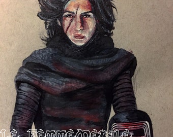 Kylo Ren Adam Driver The Force Awakens 9x12 watercolor painting sith Star Wars Dark Side original/OOK(discounted for light damage)