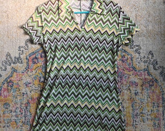 Vintage 90s Mod Brown and Green Striped Collared Mini Dress