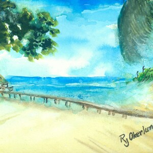May include: Watercolor painting of a tropical beach scene with a wooden pier leading to a thatched roof hut. The sky is blue with white clouds and the water is turquoise. The painting is signed "RJ Okerlund" in the lower right corner.