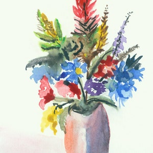 May include: Watercolor painting of a bouquet of flowers in a brown and purple vase. The flowers are red, yellow, blue, and purple. The painting is signed "Rjo".