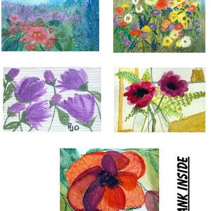 May include: Five watercolor paintings of various flowers. The first painting shows a field of pink flowers. The second painting shows a bouquet of colorful flowers. The third painting shows a bouquet of purple flowers. The fourth painting shows a bouquet of red flowers. The fifth painting shows a single red flower.