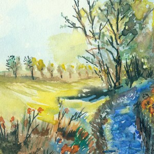 May include: Watercolor painting of a landscape with a blue stream flowing through a field of yellow grass. The stream is surrounded by trees and bushes. The sky is blue with white clouds. The painting is signed "R.J. Oakland" in the bottom left corner.