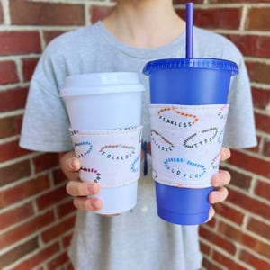 Swiftie Reusable Cup Sleeve * Friendship Bracelet Fabric Cup Cozy * Eras Hot and Cold Cups for Coffee, Tea, Hot Chocolate, Iced Coffee
