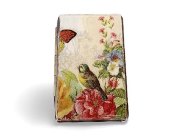 100's women cigarrette case, bird and flowers box, business card case, gift for smokers, elegant gift for her, credit card case, clutch case