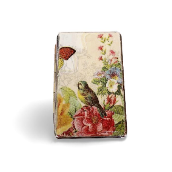 100's women cigarrette case, bird and flowers box, business card case, gift for smokers, elegant gift for her, credit card case, clutch case